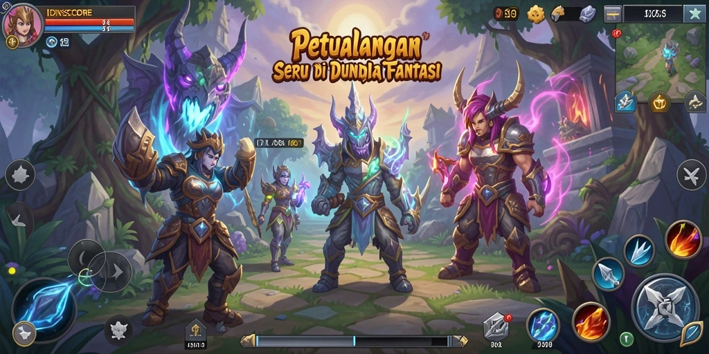 Tangkapan layar IDNSCORE menampilkan pertempuran epik di dunia fantasi.