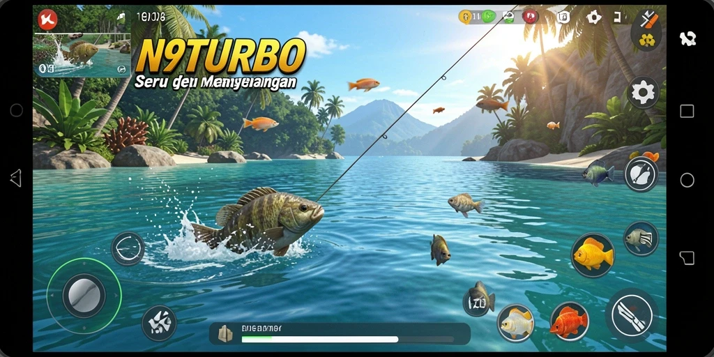 Screenshot gameplay N9TURBO yang menampilkan sensasi memancing yang seru.