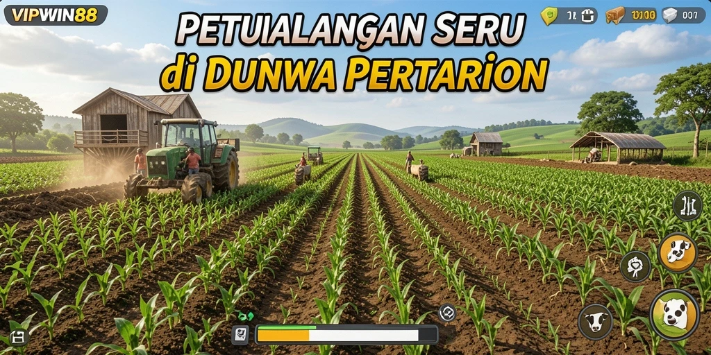 Screenshot utama VIPWIN88 menunjukkan keseruan bertani dengan beragam tanaman.
